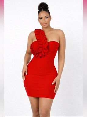 Red One-Shoulder Ruffle Bodycon Bandage Dress - Women